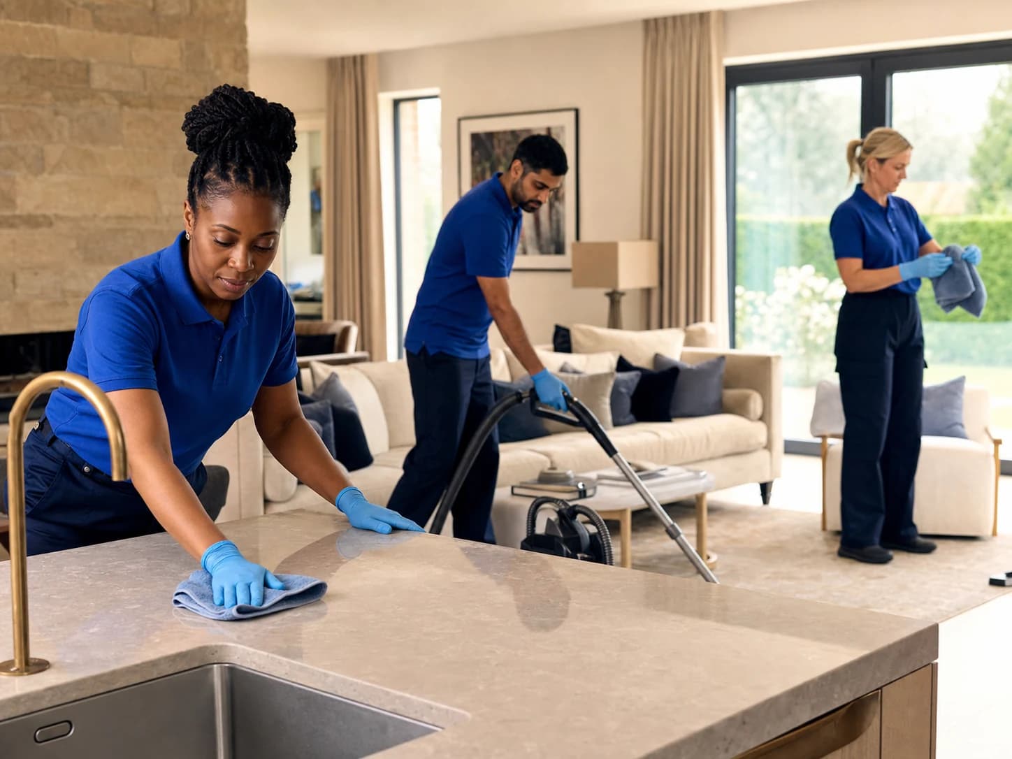 A diverse Engaged team cleaning a contemporary home together